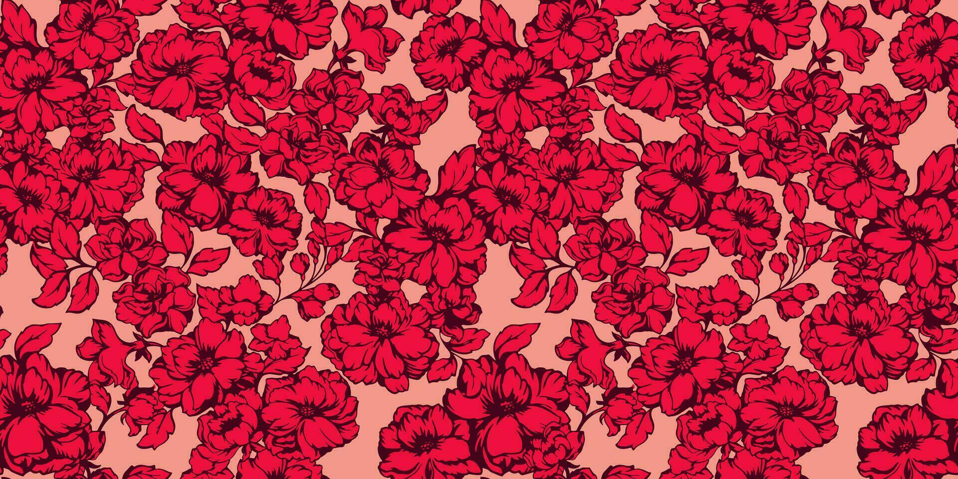 hell rot Blumen- Tapisserie auf ein Beige Hintergrund. künstlerisch Blühen Frühling oder Sommer- Blumen Wiese nahtlos Muster. schön rot Silhouetten Blumen Hintergrund. Vektor Hand gezeichnet Kunst.