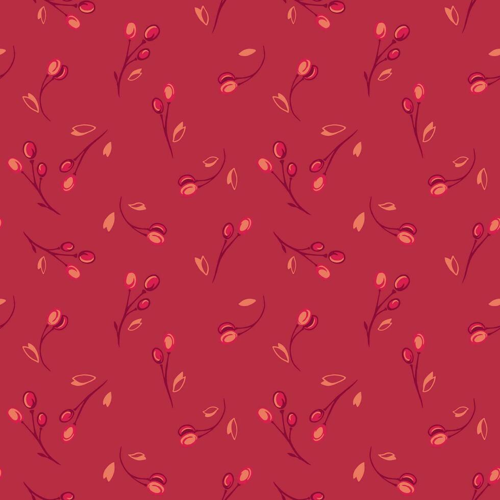 minimalistisch Burgund nahtlos Muster mit Vektor Hand gezeichnet winzig Blätter, abstrakt Geäst, und Tropfen, Punkte, Flecken. Vorlage zum Mode, Textil, drucken, Oberfläche Design, Stoff