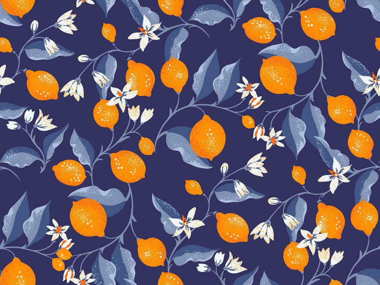 kreativ hell Limette und Zitrone Geäst nahtlos Muster auf ein Blau Hintergrund. Vektor Hand gezeichnet skizzieren Gekritzel. Sommer- Zitrusfrüchte Früchte Illustration zum drucken. Design fo Textil, Mode, Stoff