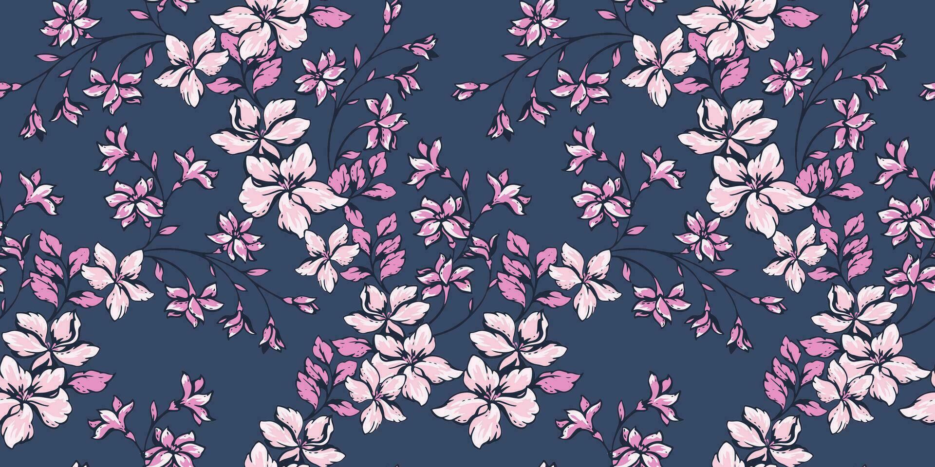 schön nahtlos Illustration von ein Blühen wild Blumen Geäst Muster. Vektor Hand gezeichnet. künstlerisch stilisiert Blumen- auf ein dunkel Hintergrund. Design zum Mode, Stoff, Hintergrund.