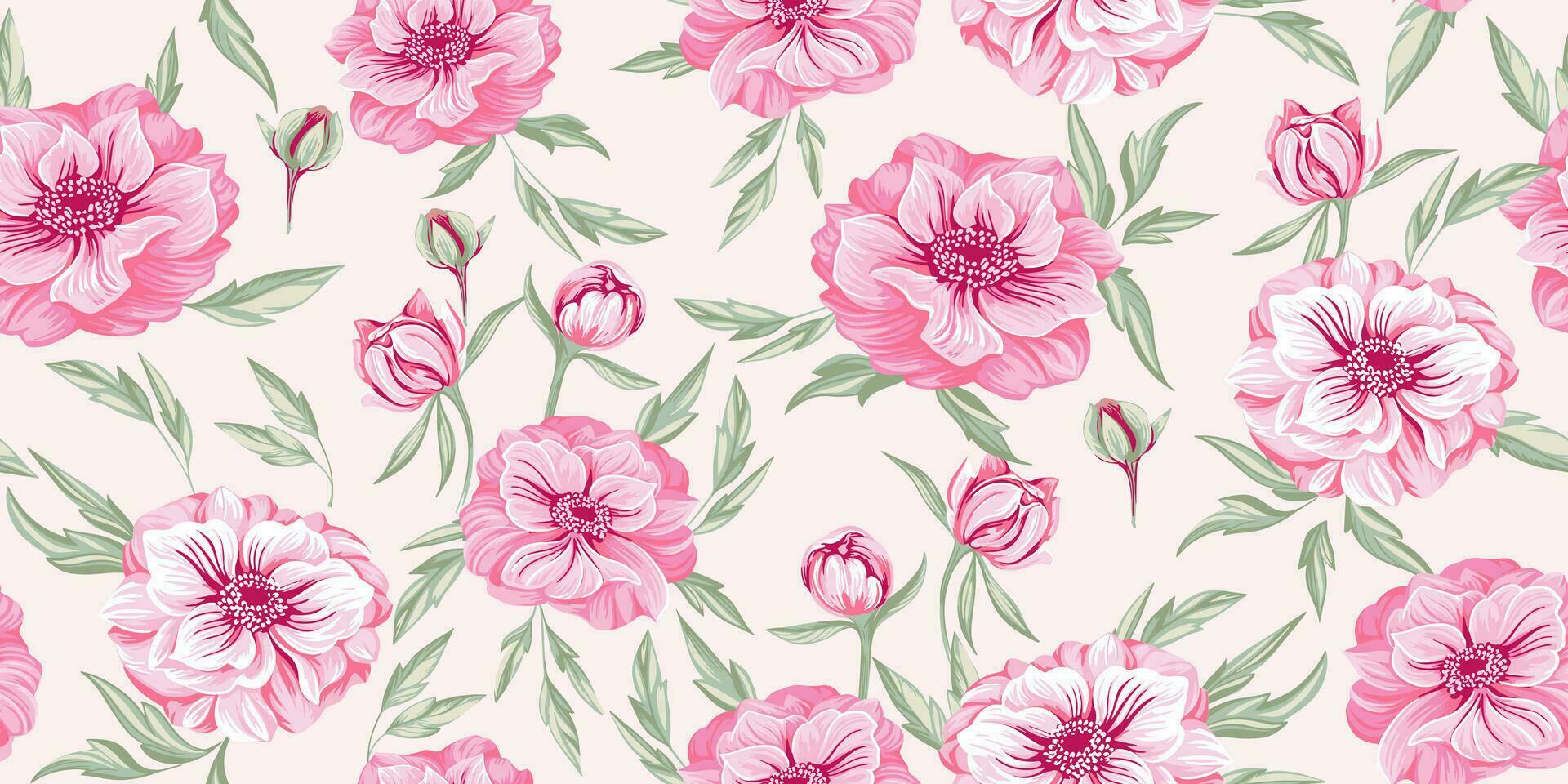 konstnärlig vår pastell rosa blommor och löv sömlös mönster. vektor hand dragen ranunkel, trollius asiatic oss blomma, klot blomma. mall för design, textil, mode, skriva ut, tapet