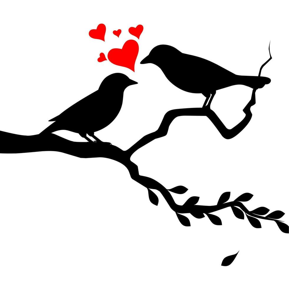 vektor silhuett av en par av fåglar på en träd gren, silhuett av fåglar med kärlek ikon isolerat på vit bakgrund, par av fåglar i kärlek, vägg dekoration, romantisk silhuett av fåglar på en gren