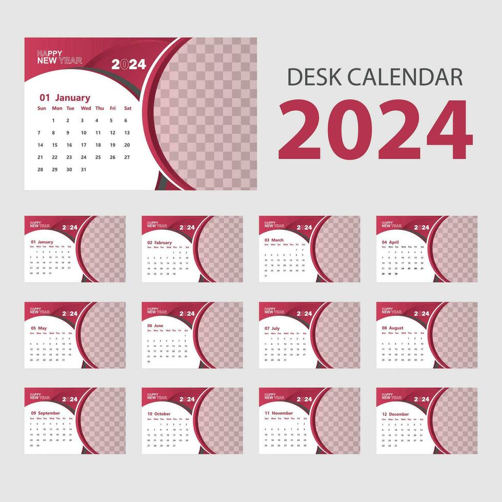 skrivbord kalander 2024 design mall. uppsättning av 12 kalender sidor mönster skriva ut layout. vägg kalender planerare mallar. vektor