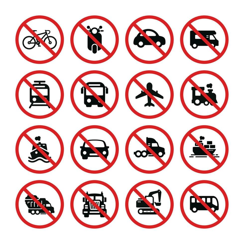 Verbot Fahrzeuge Symbol einstellen Vektor. Nein Fahrzeuge Zeichen Symbol einstellen Vektor