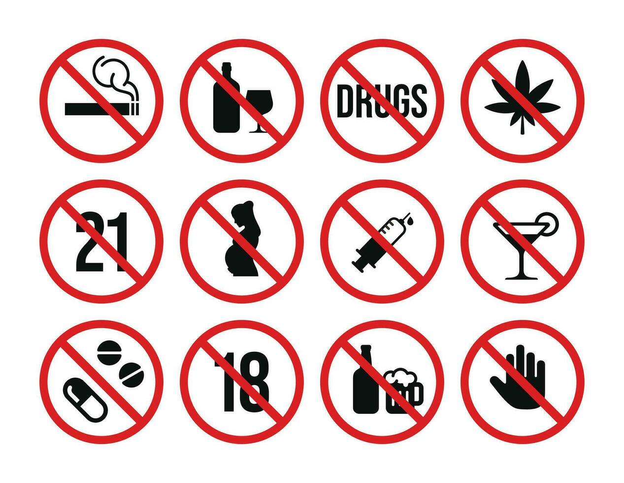 Verbot Drogen und Alkohol Symbol einstellen Vektor. Nein Drogen und Alkohol Zeichen Symbol einstellen Vektor