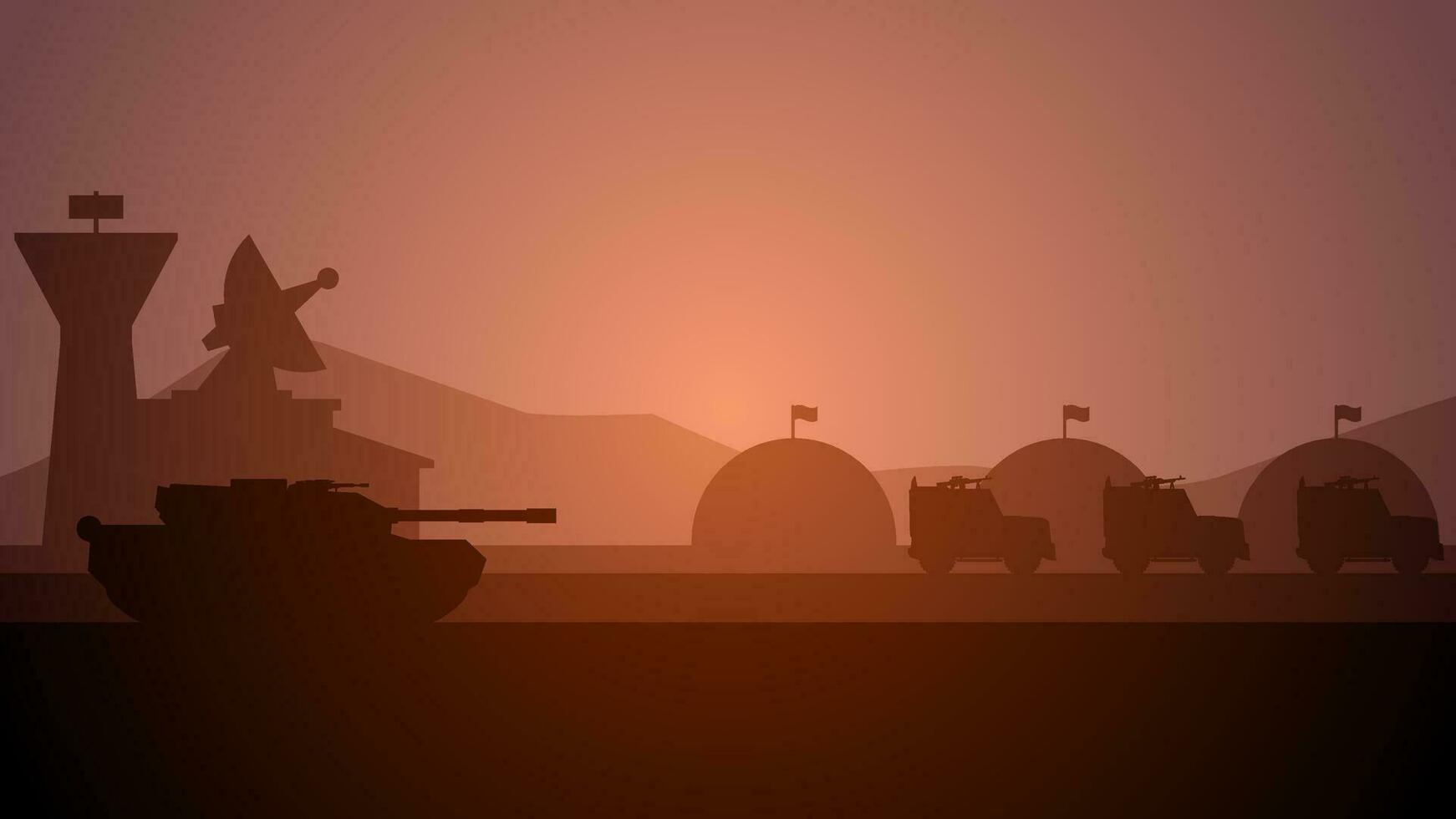 Militär- Base Landschaft Vektor Illustration. Silhouette von beim Militär- Base mit Panzer und gepanzert Fahrzeuge. Militär- Landschaft zum Hintergrund, Hintergrund oder Illustration