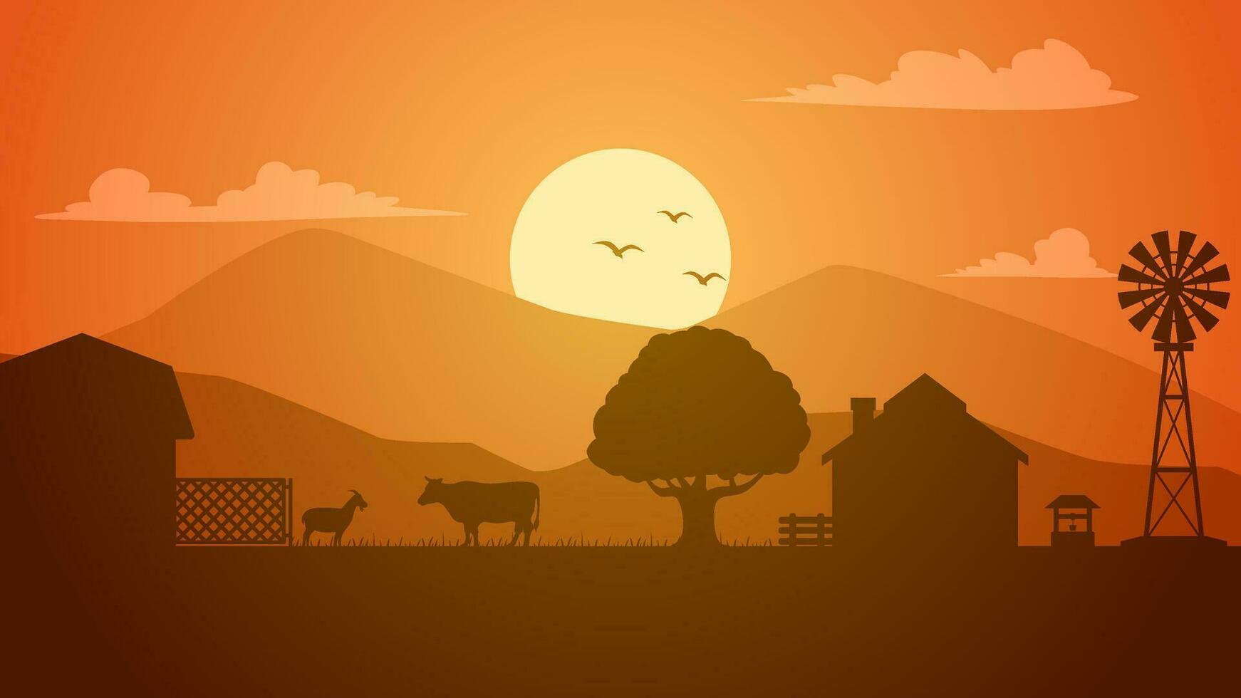Ackerland Silhouette Landschaft Vektor Illustration. Landschaft von Vieh und Windmühle im das Landschaft Bauernhof. ländlich Panorama zum Illustration, Hintergrund oder Hintergrund
