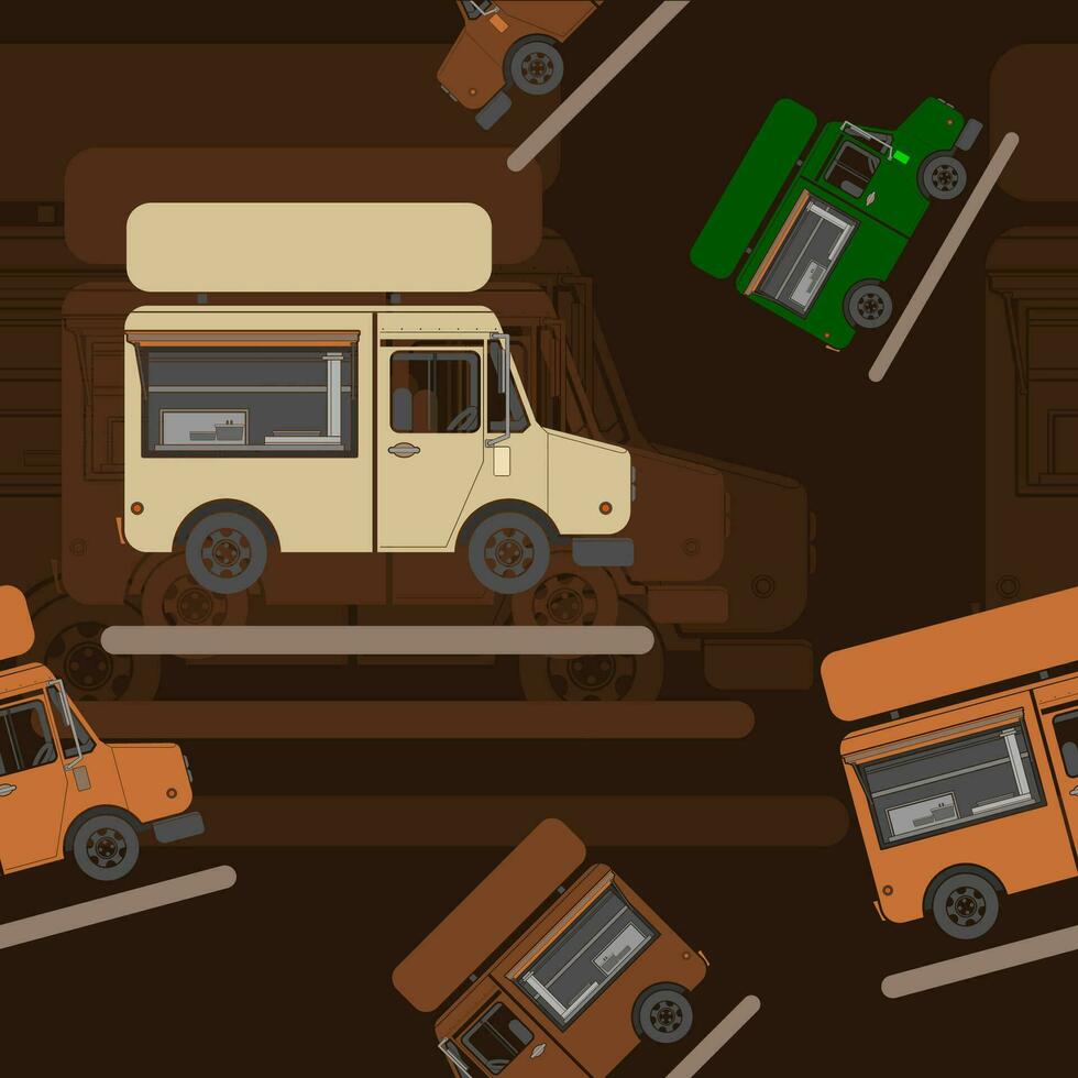 editierbar Seite Aussicht Handy, Mobiltelefon Essen LKW Vektor Illustration nahtlos Muster im eben Stil mit dunkel Hintergrund zum Fahrzeug oder Essen und trinken Geschäft verbunden Design