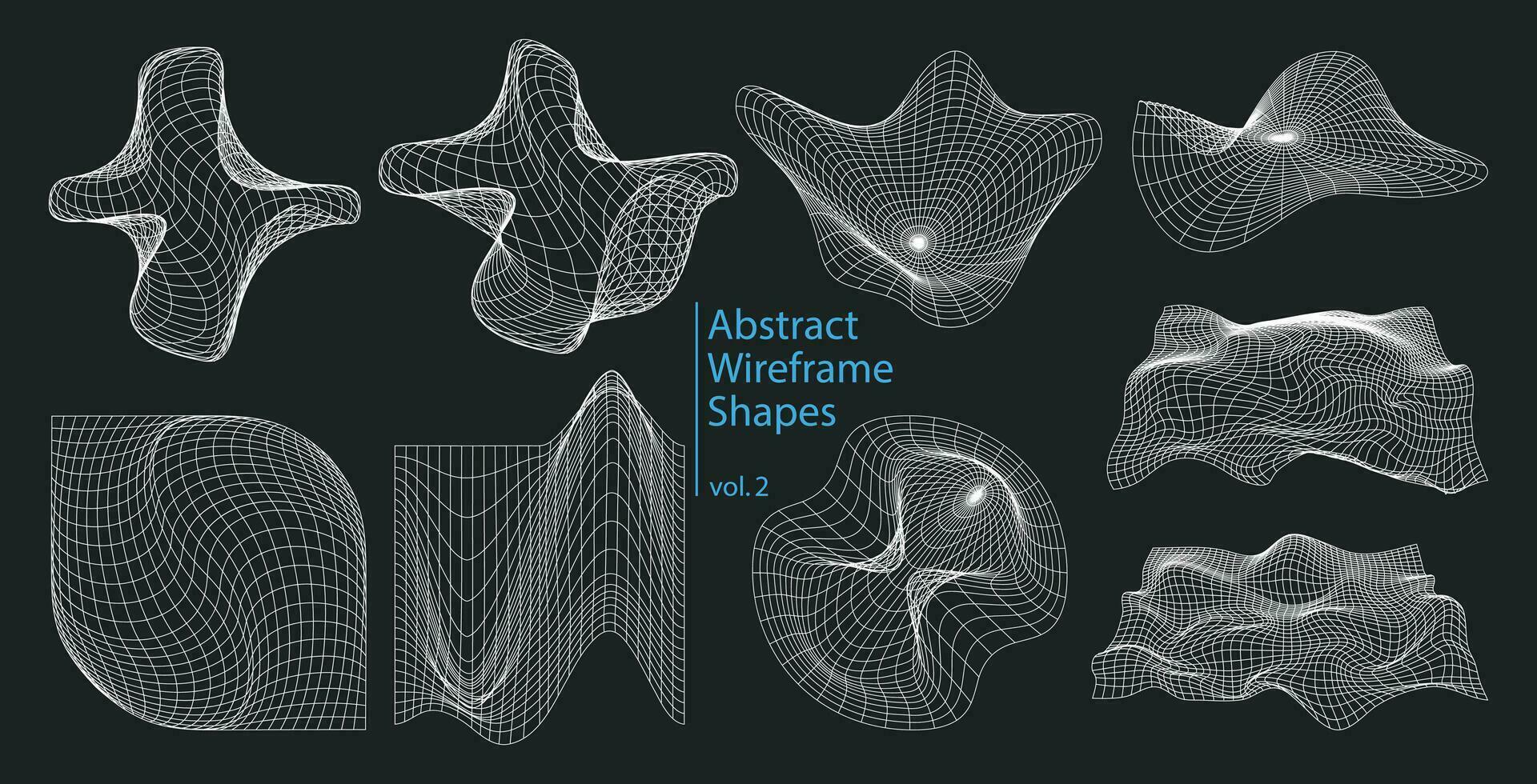 abstrakt trådmodell uppsättning av y2k element. förvrängning och omvandling av geometrisk 3d former och rutnät. inspirerad förbi brutalism, cyberpunk, retro trogen stilar. vektor grafisk design formulär.