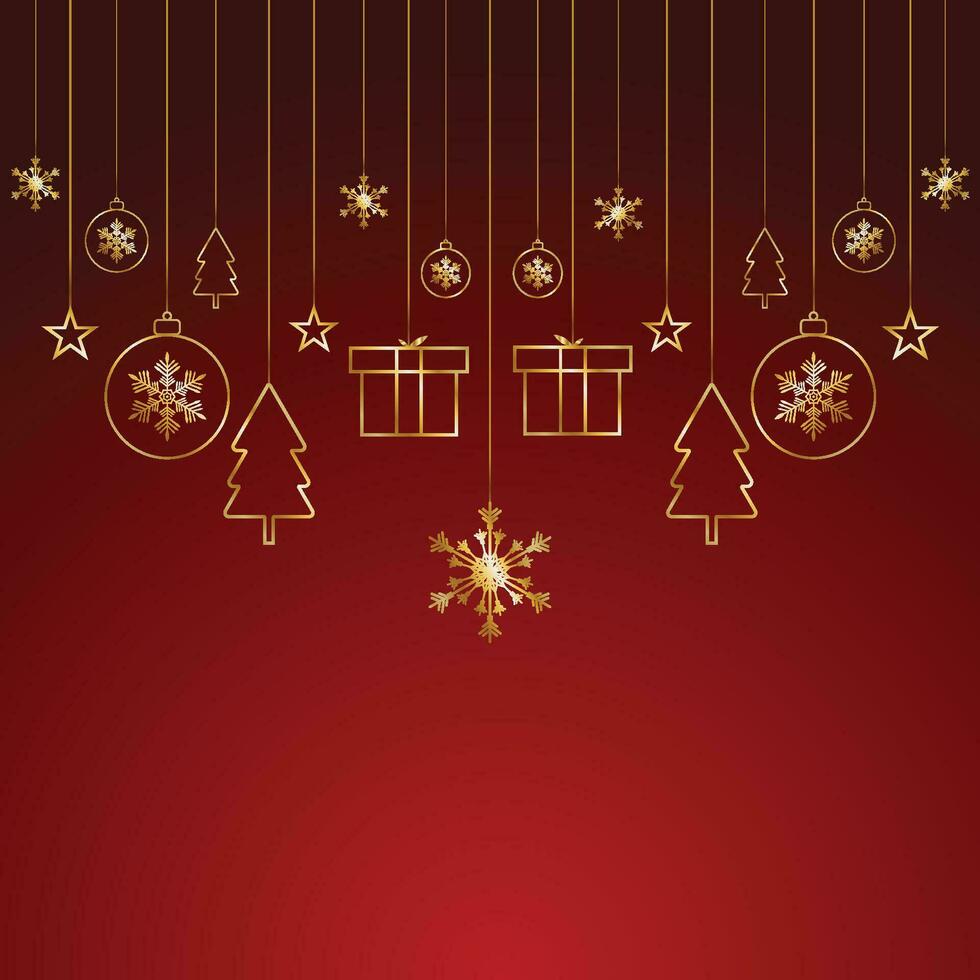 social media posta design för glad jul bakgrund med gyllene stjärnor och gåva låda och gyllene bollar med träd vektor