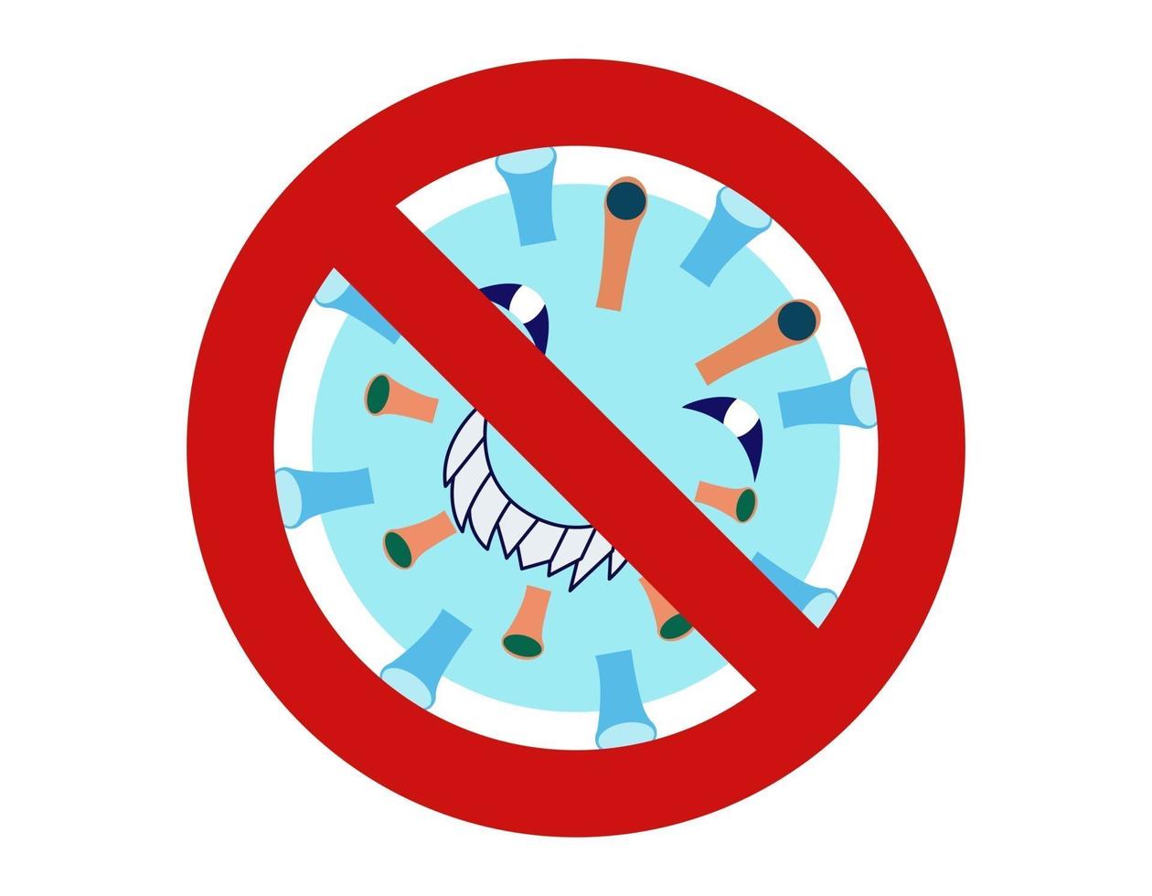 Kein Bakterienzeichen mit gruseligem Cartoon-Keim im flachen Design auf weißem Hintergrund. Verbot von Mikroben und Virusmikroorganismen. vektor