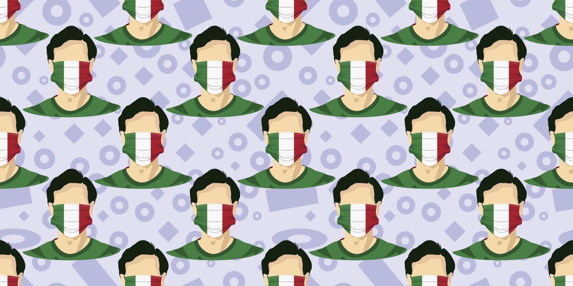 sömlöst mönster av bild man bär italienska flaggor kirurgisk mask för att förhindra sjukdomar isolerade på memphis element bakgrund. bra för mallbakgrund, banner, affisch, etc. vektor eps10.