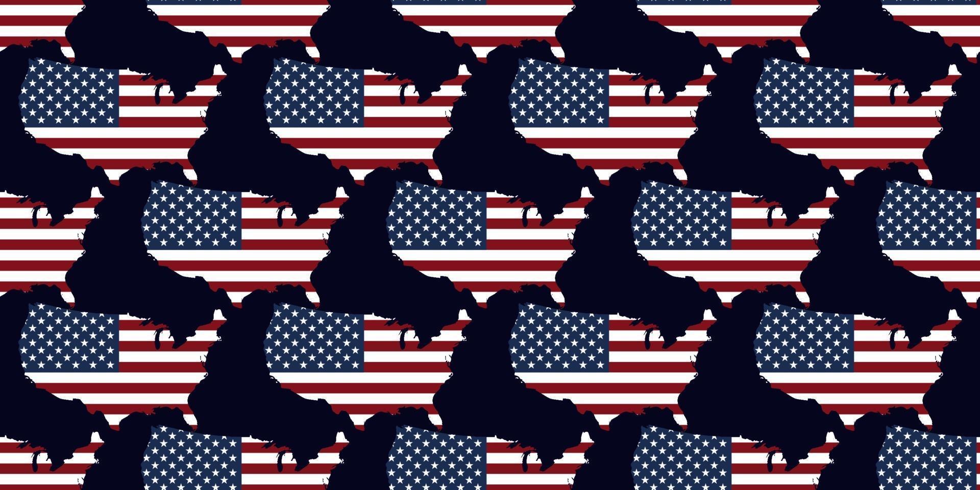nahtloses Muster der Karte der Vereinigten Staaten mit Flagge auf dunkelblauem Hintergrund isoliert. Anzüge für dekoratives Papier, Verpackungen, Hüllen, Geschenkpapier und Innenarchitektur. vektor