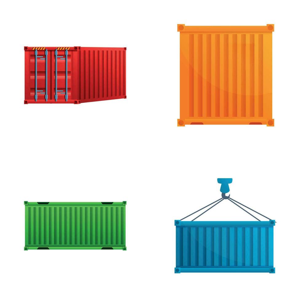 Ladung Container Symbole einstellen Karikatur Vektor. industriell Kran Haken und Container vektor