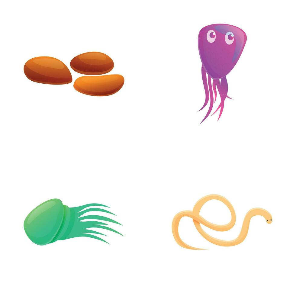 Mikroorganismus Symbole einstellen Karikatur Vektor. verschiedene Bakterien Virus und Mikrobe vektor
