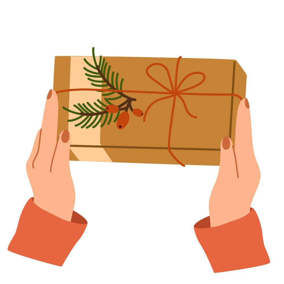 händer innehav jul gåva låda. bevilja utbyta begrepp xmas Semester, vapen ger ny år souvenirer. omslag gåva låda. framställning för firande jul eve eller ny år. vektor illustration