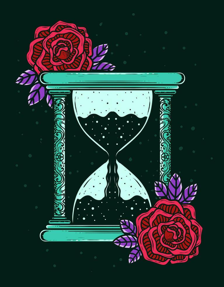 illustration antik timglas med reste sig blomma vektor