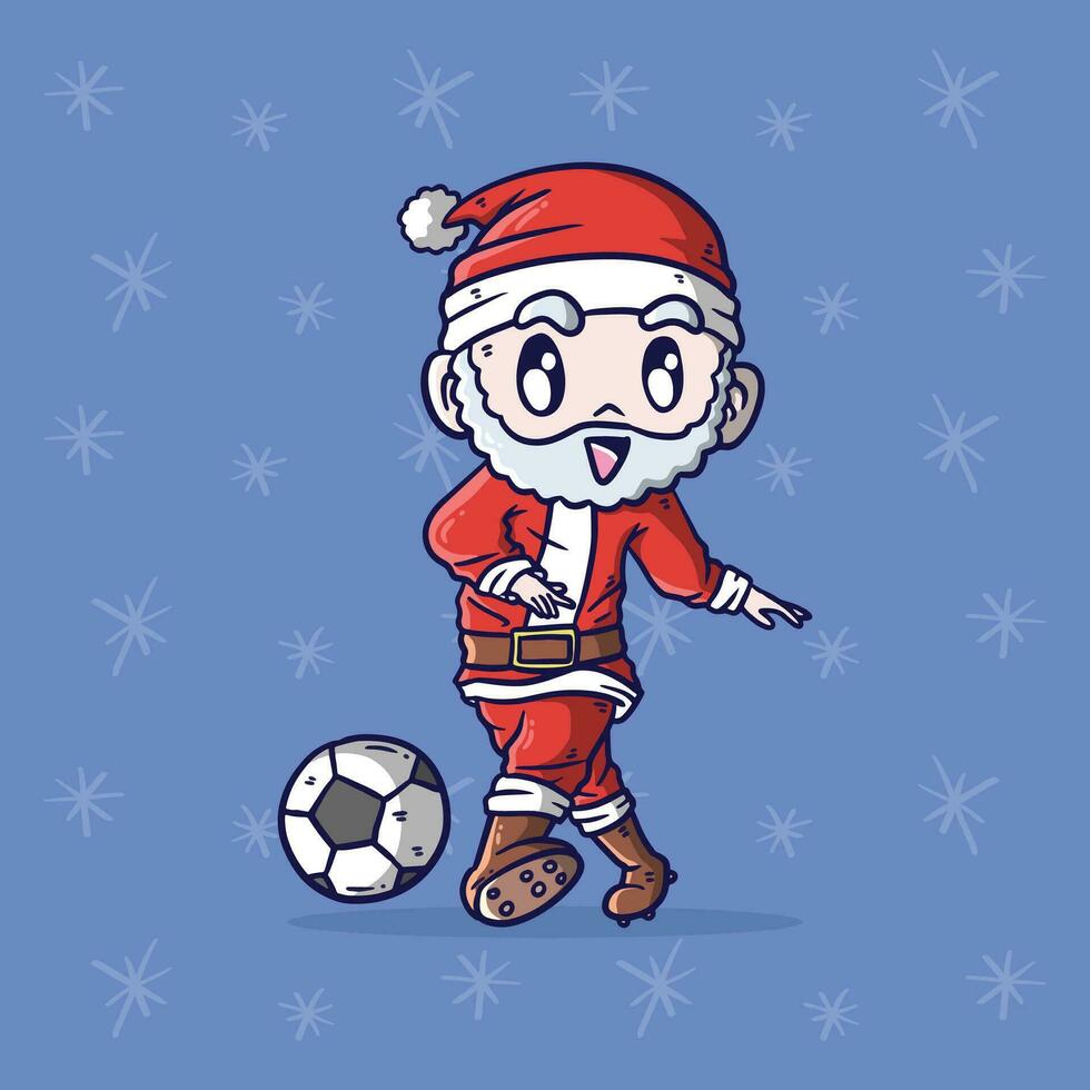 tecknad serie vektor illustration av söt santa claus spelar fotboll. santa claus maskot illustration.