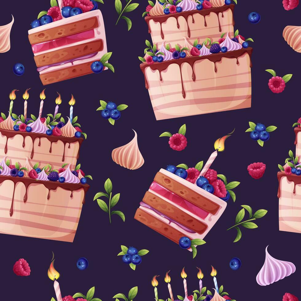 sömlös mönster med en kaka dekorerad med grädde, bär, en ljus och en tomtebloss. bakgrund med födelsedag kaka. festlig textur för omslag papper, kort, tyg, tapet. vektor