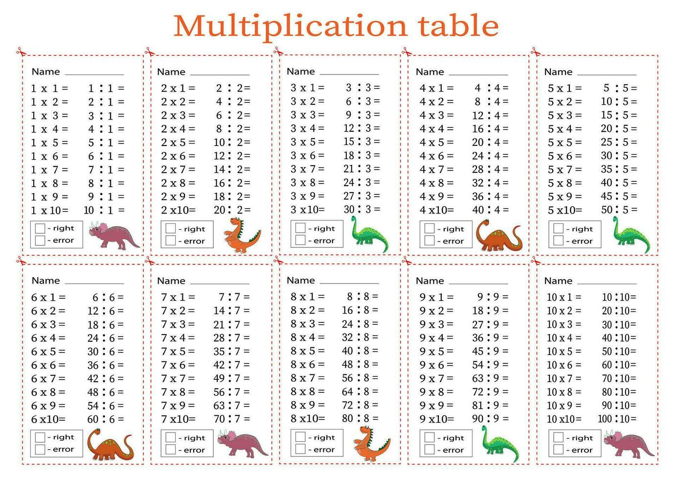 multiplikation tabell förbi med en uppgift till konsolidera din kunskap av multiplikation. färgrik tecknad serie multiplikation tabell vektor för undervisning matematik. tecknad serie dinosaurier. eps10