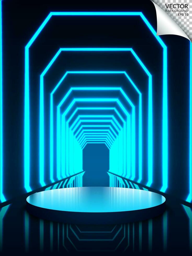 tömma svart podium av produkt visa i mörk scen med linje vertikal blå neon ljus på bakgrund. vektor illustration