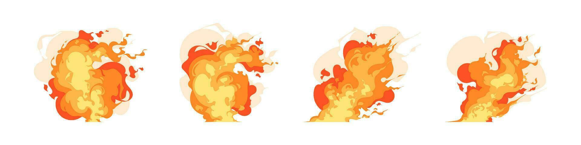 uppsättning av brinnande brand stänk komisk spel effekt, explosion, rök, bläs, och flamma illustration vektor