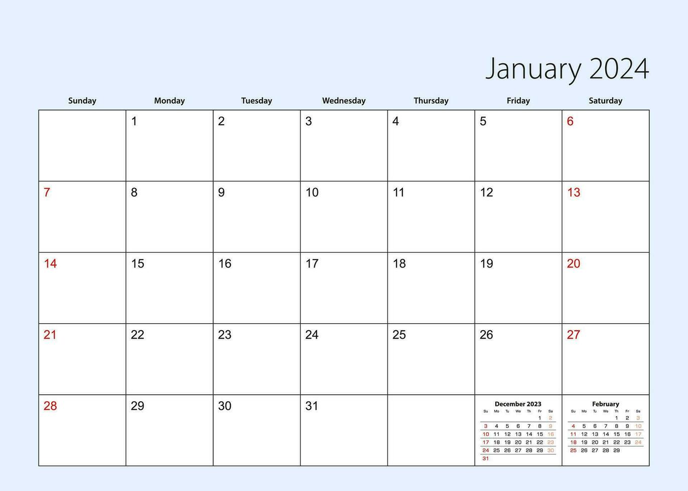 vägg kalender planerare för januari 2024. engelsk språk, vecka börjar från söndag. vektor