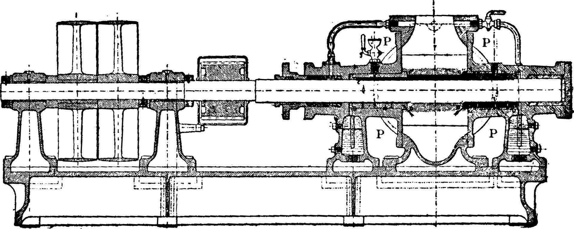 longitudinell sektion av de hel pump greindl, Bygg upp på de järn hölje, årgång gravyr. vektor