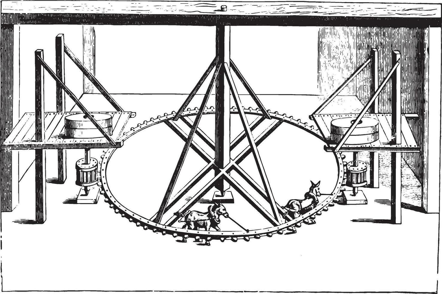 perspektiv se av ett gammal kvarn med två par av hjul, drivs förbi två åsnor, av faust veranzio, årgång gravyr. vektor