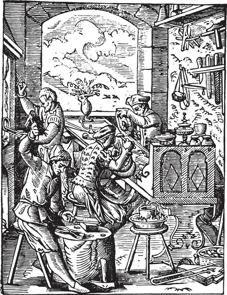 Goldschmied Werkstatt im das sechzehnter Jahrhundert, Jahrgang Gravur. vektor