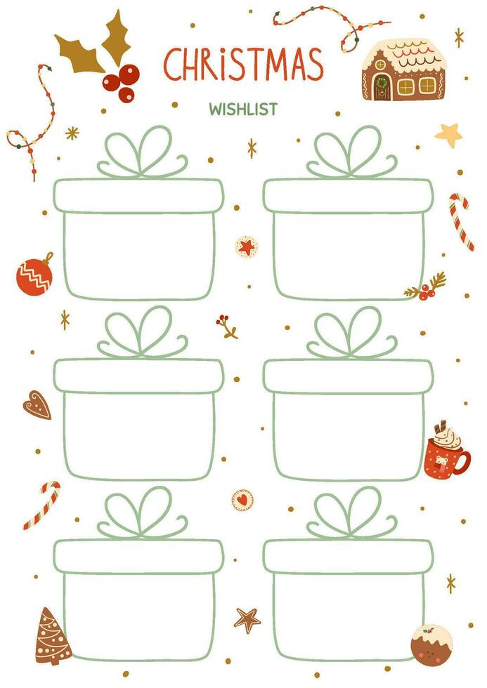 jul lyckönskningar mall tom med gåva lådor formad dekorerad jul pepparkaka småkakor. vektor vinter- gåva lista. tryckbar lista för anteckningar, planerare, schema, planerare, checklista, anteckningsbok.
