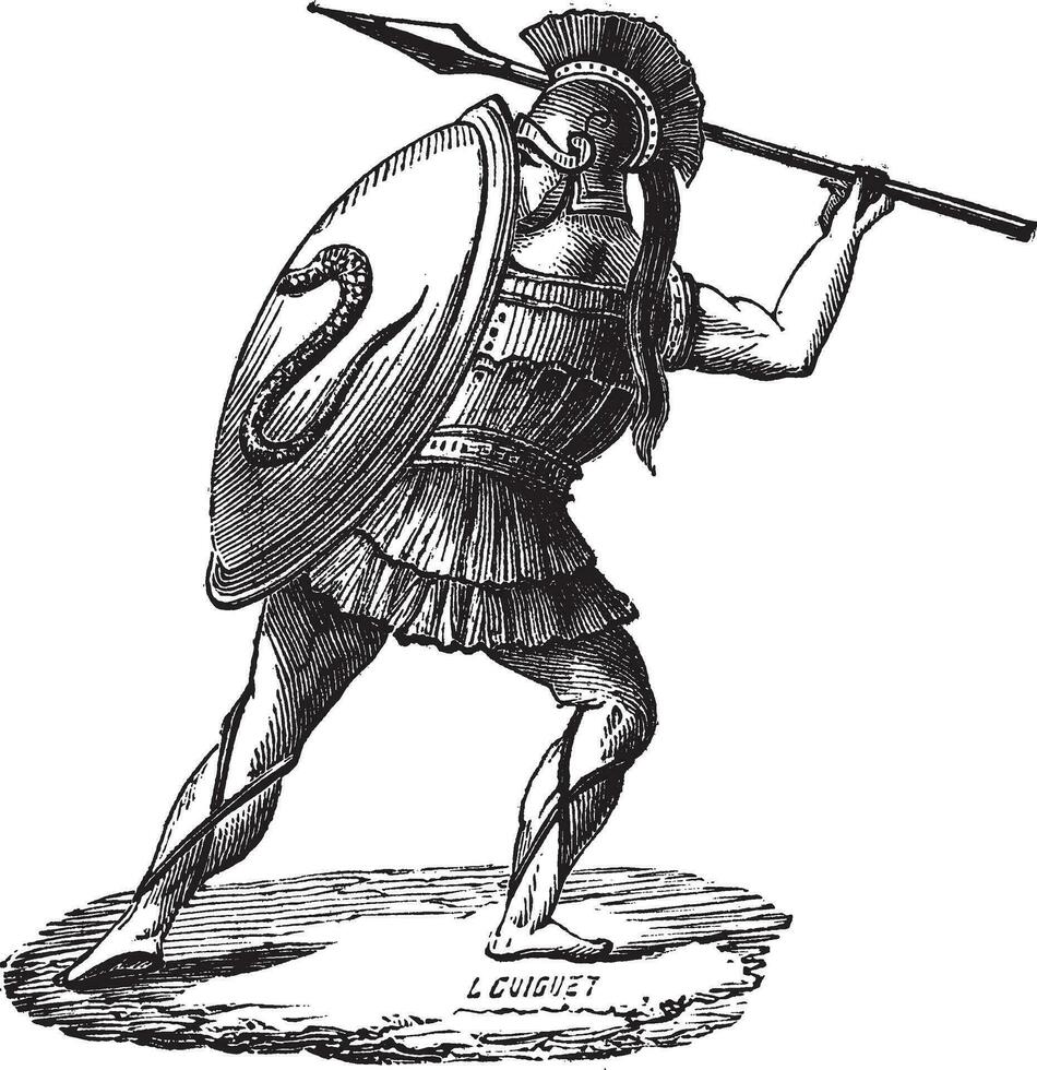das griechisch Soldat mit seine Rüstung Jahrgang Gravur vektor