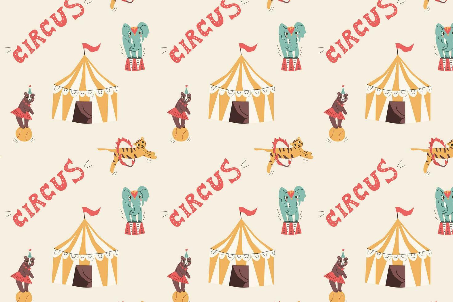 söt sömlös mönster med cirkus djur och tält vektor