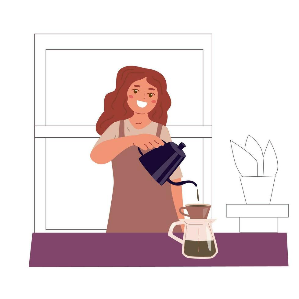 tecknad serie Barista kvinna framställning kaffe vektor