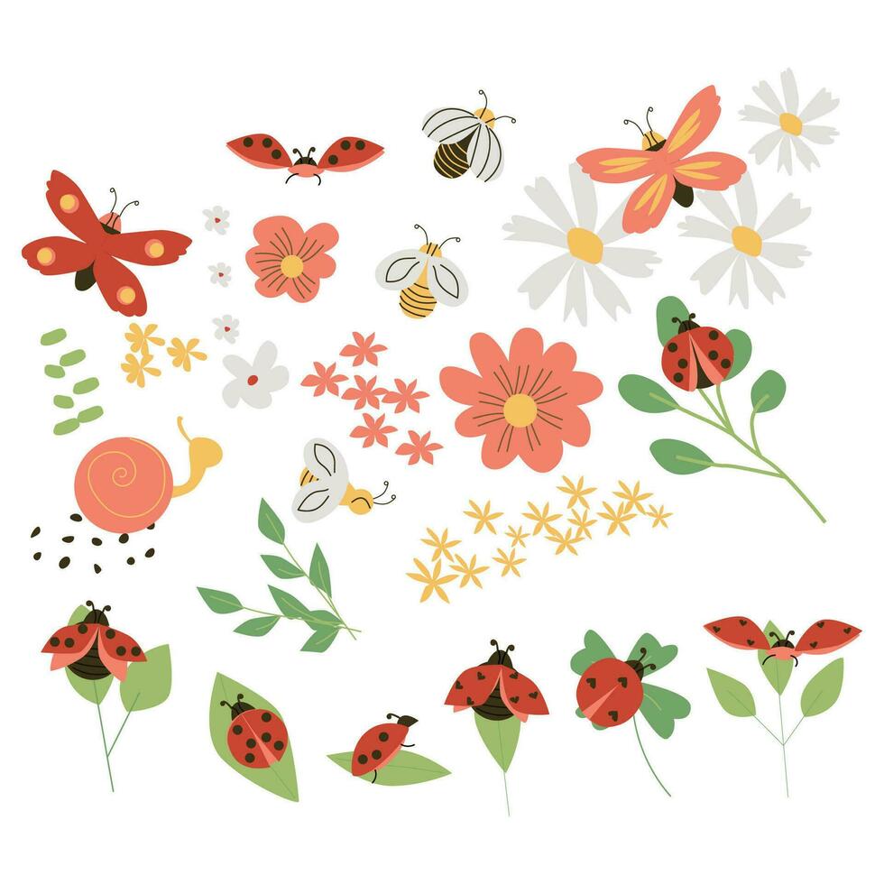 söt djur insekt insekter och blommor uppsättning vektor