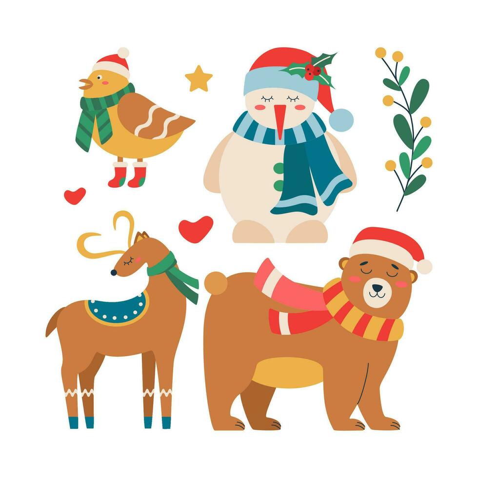 uppsättning av jul rådjur, Björn, fågel, snögubbe i en scarf och hatt med en kvist av mistel och bär. vektor