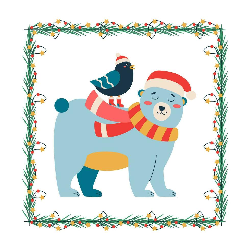einstellen von Weihnachten Bär mit ein rot Hut und Schal, Vögel im rot Hut, rahmen. vektor
