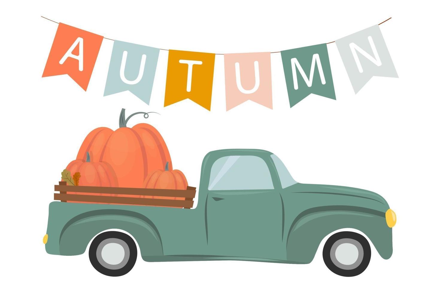 Herbstillustration, eine Fahnengirlande mit der Aufschrift Herbst, ein Auto mit Kürbissen, ein Kürbis-LKW. vektor