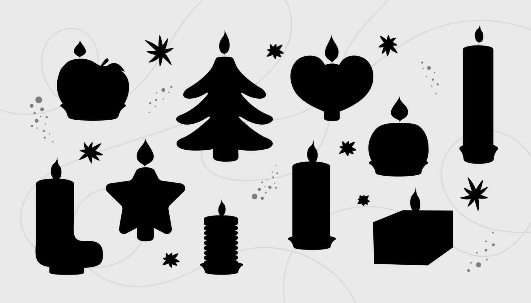 Vektor einstellen im Silhouette Kerzen Neu Jahr. Weihnachten Baum, Stern, Geschenk Stiefel, Mandarine, Geschenk, Herz.