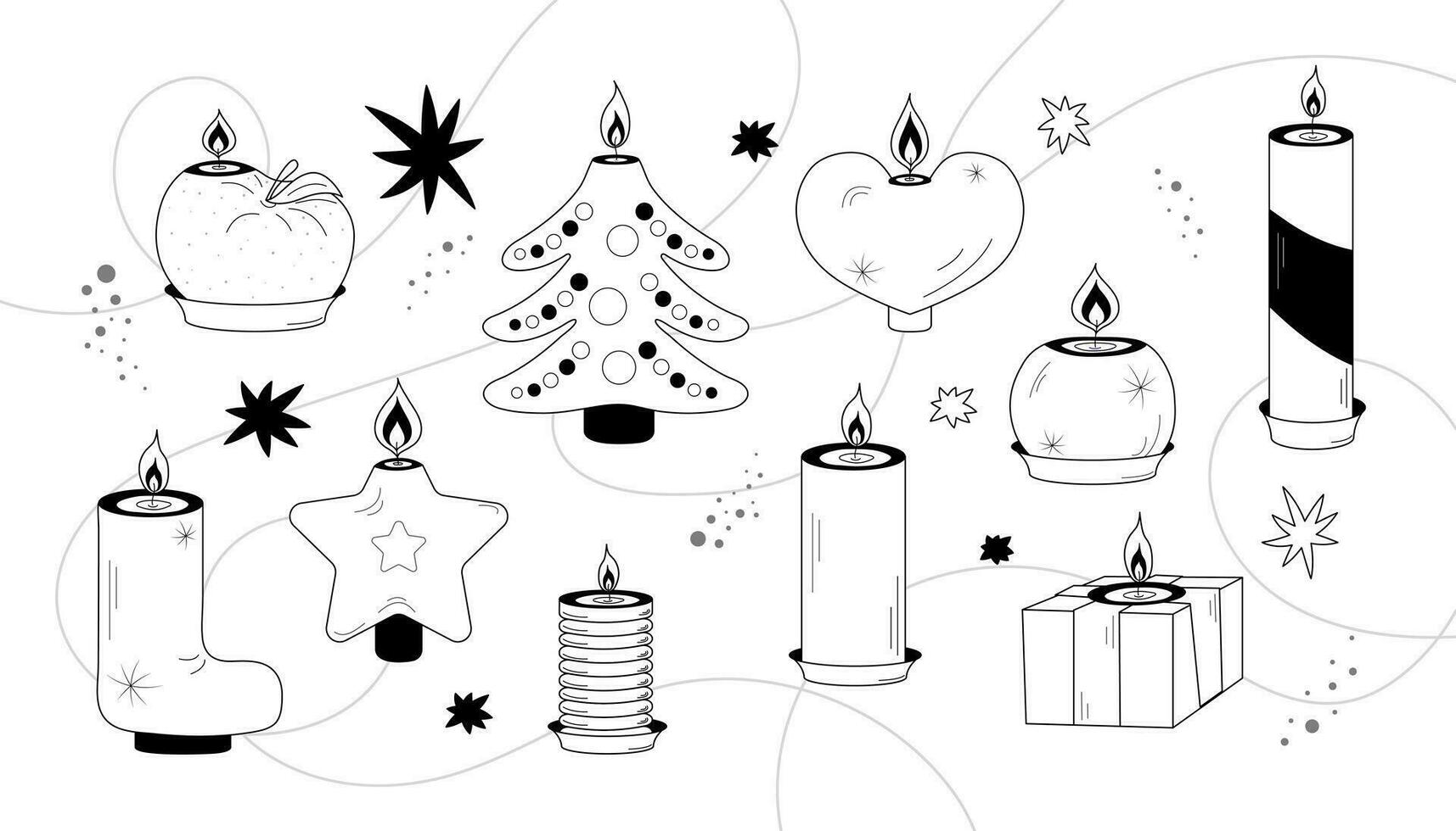 Vektor Zähler einstellen Kerzen Neu Jahr. Weihnachten Baum, Stern, Geschenk Stiefel, Mandarine, Geschenk, Herz.