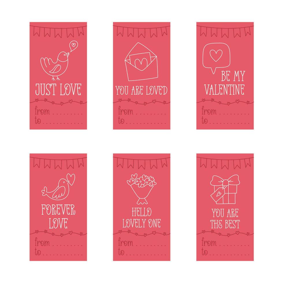 valentines dag tryckbar gåva taggar mall i klotter stil, ritad för hand kärlek tema ikoner och citat. romantisk humör, söt symboler och element samling. vektor