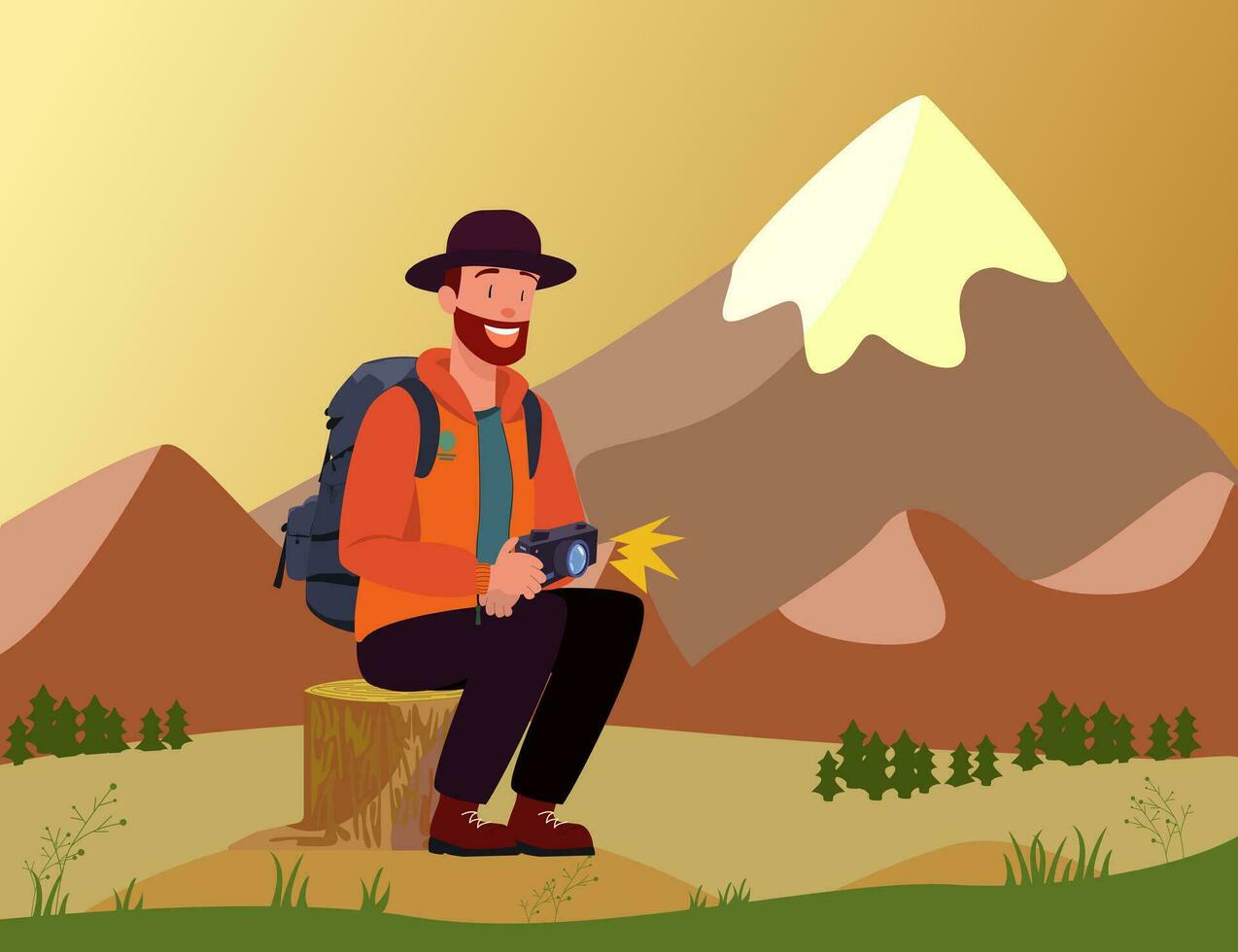 Reisender im Hut und Rucksack Sitzung auf Stumpf,mit Kamera, Berge und einfach Landschaft im Hintergrund. männlich Fotograf mit zufrieden Gesicht. Vektor Illustration zum Banner oder Karten