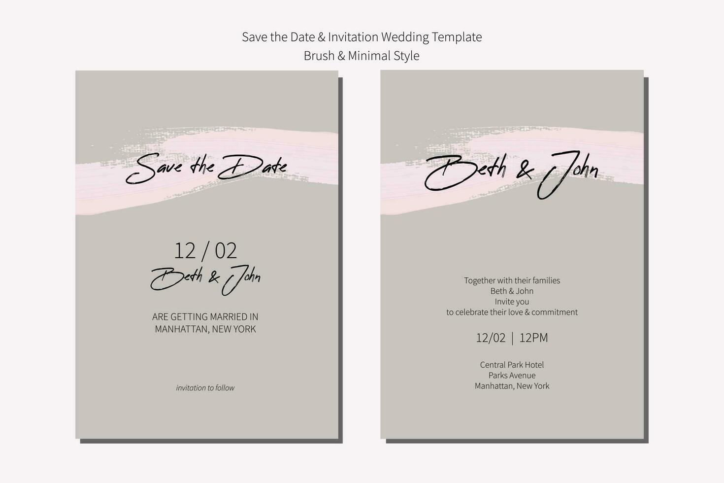 bröllop inbjudan och spara de datum kort mall med borsta grå neutral och minimalism. vektor
