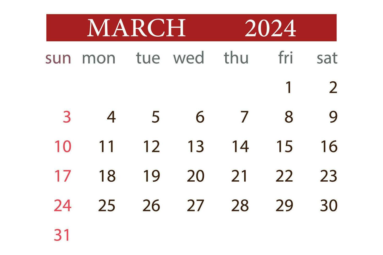 Mars 2024 kalender en gång i månaden planerare Start söndag mall vektor. vektor