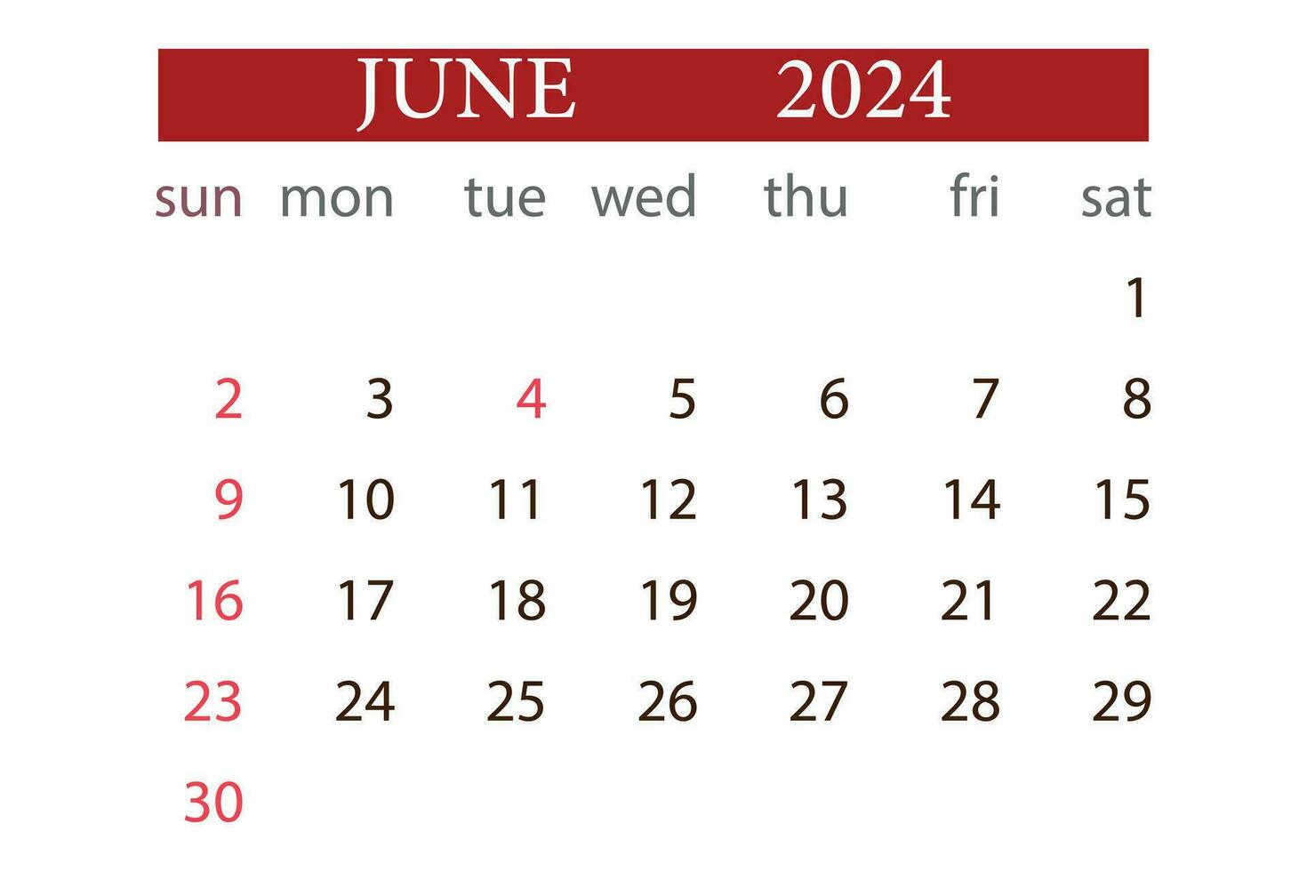 Juni 2024 Kalender monatlich Planer Start Sonntag Vorlage Vektor. vektor