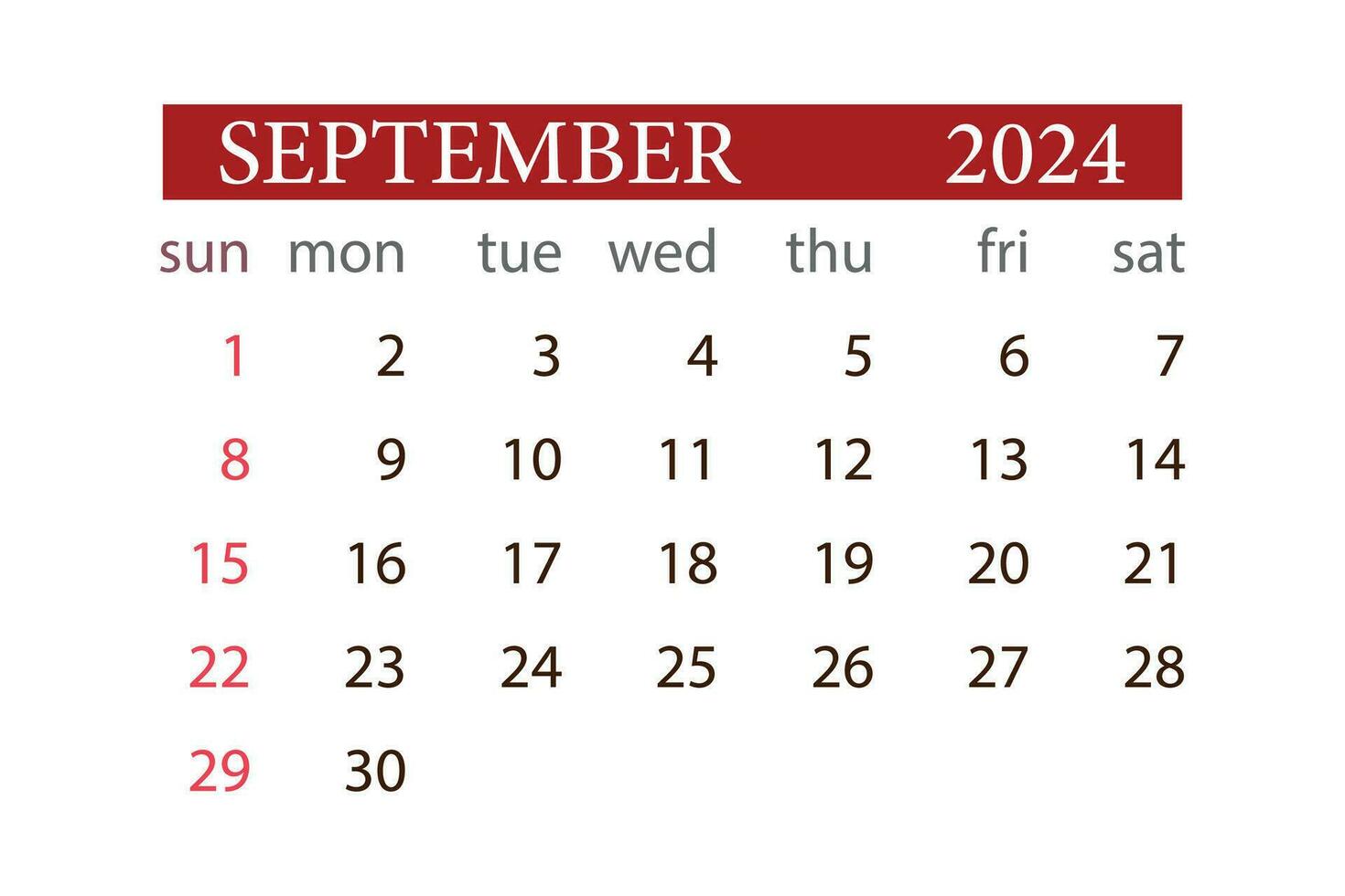 Vektor September 2024 Kalender monatlich Planer Start Sonntag Vorlage.