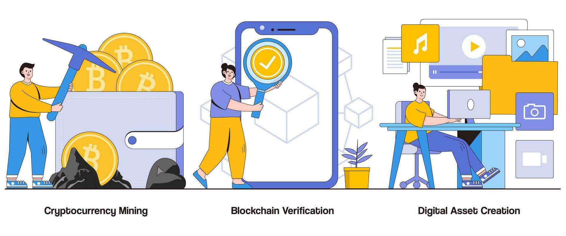 kryptovaluta brytning, blockchain verifiering, digital tillgång skapande begrepp med karaktär. crypto brytning abstrakt vektor illustration uppsättning. blockchain godkännande, brytning operationer liknelse