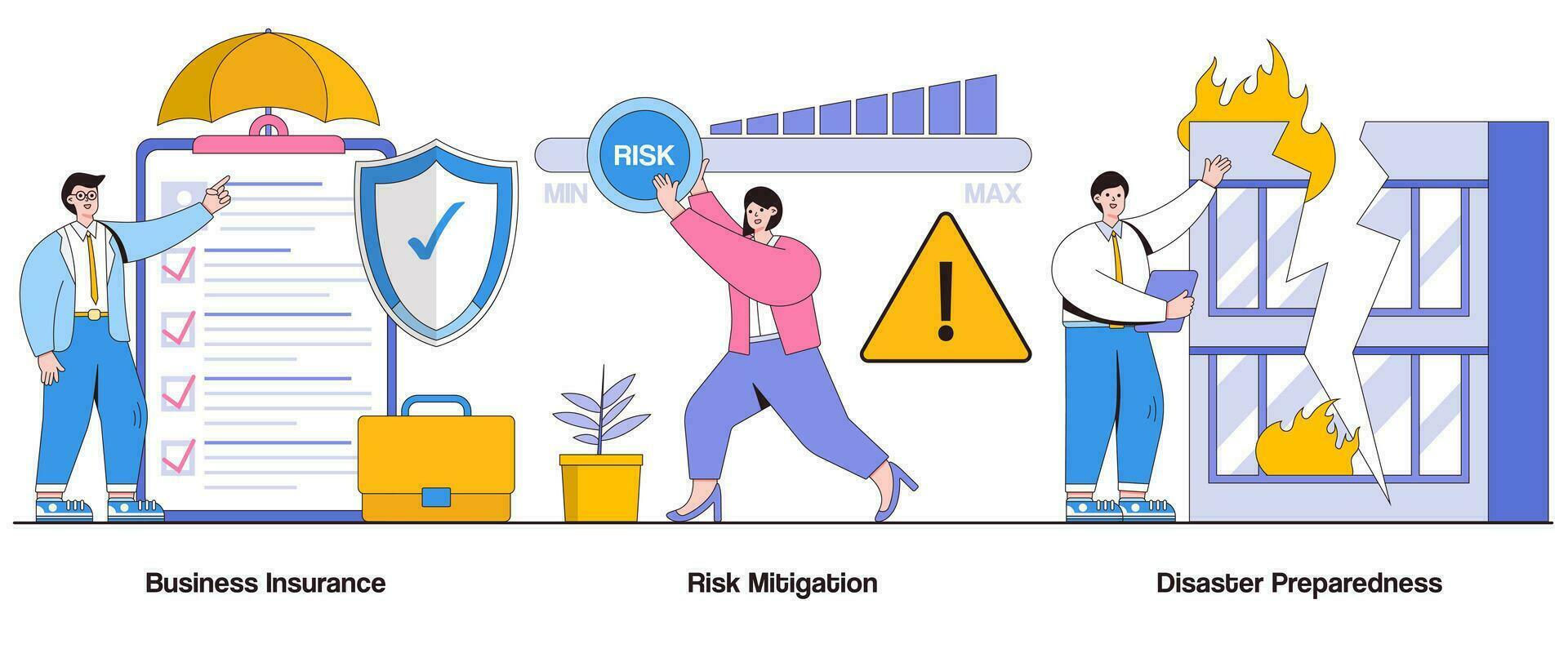 företag försäkring, risk lindring, katastrof beredskap begrepp med karaktär. företag risk förvaltning abstrakt vektor illustration uppsättning. risk förebyggande, försäkring rapportering, företag kontinuitet