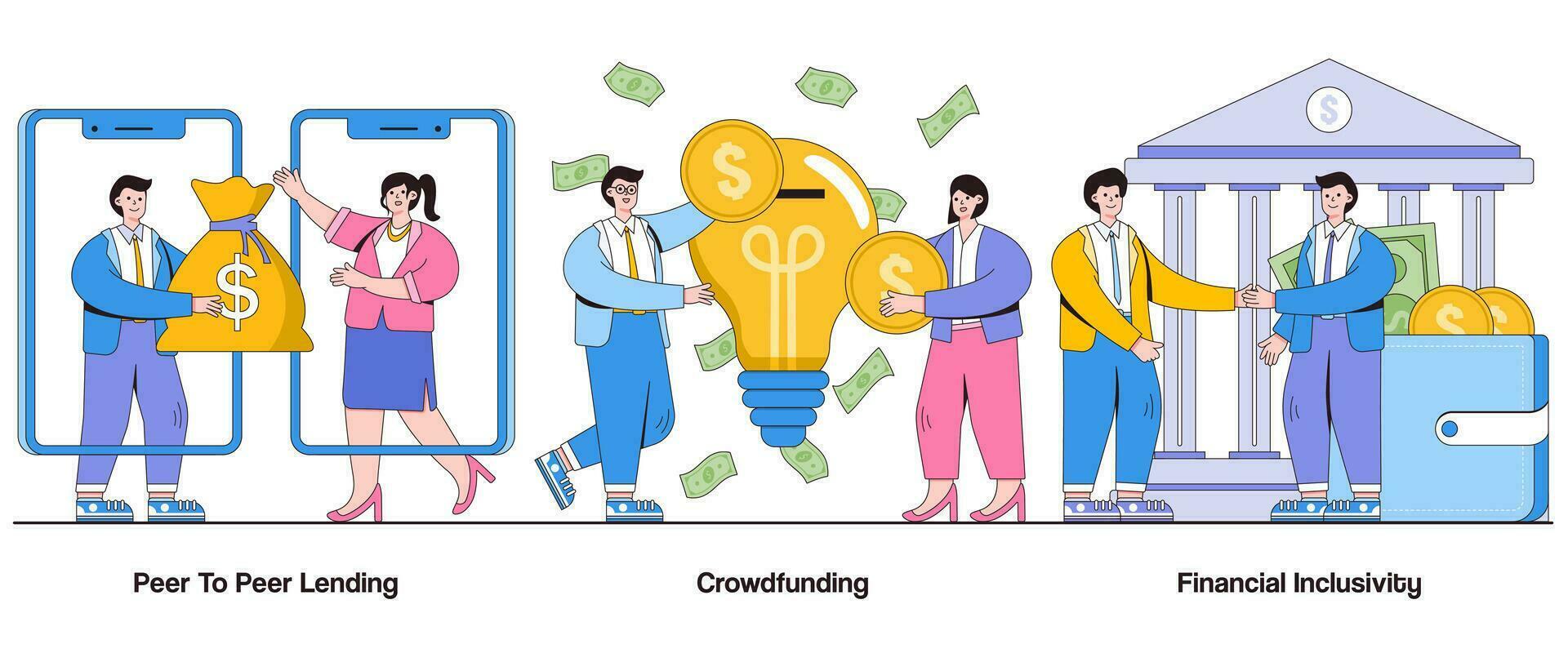 Peer zu Peer Verleih, Crowdfunding, finanziell Inklusivität Konzept mit Charakter. p2p Finanzen abstrakt Vektor Illustration Satz. Kollaborativ Verleih, Crowdsourcing Finanzierung, finanziell Demokratisierung