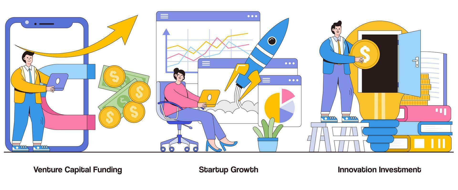 våga huvudstad finansiering, börja tillväxt, innovation investering begrepp med karaktär. tillväxt finansiering abstrakt vektor illustration uppsättning. börja finansiering, innovation Stöd liknelse